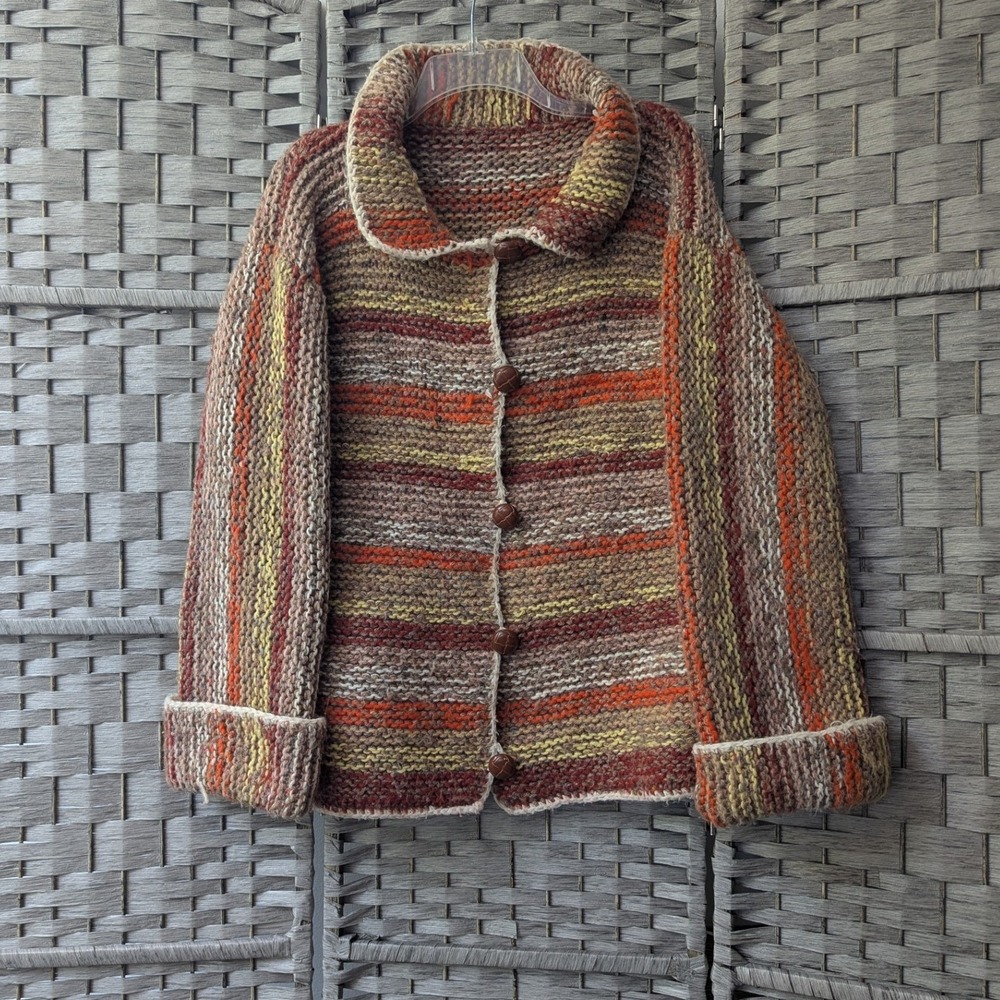 Handmade Cardigan Sweater Orange Brown Striped Chunky Knit Est Lg Rustic *READ